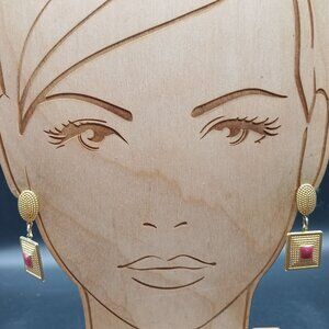 Vintage Gold-Tone Square Drop Earrings with Red Enamel Accents